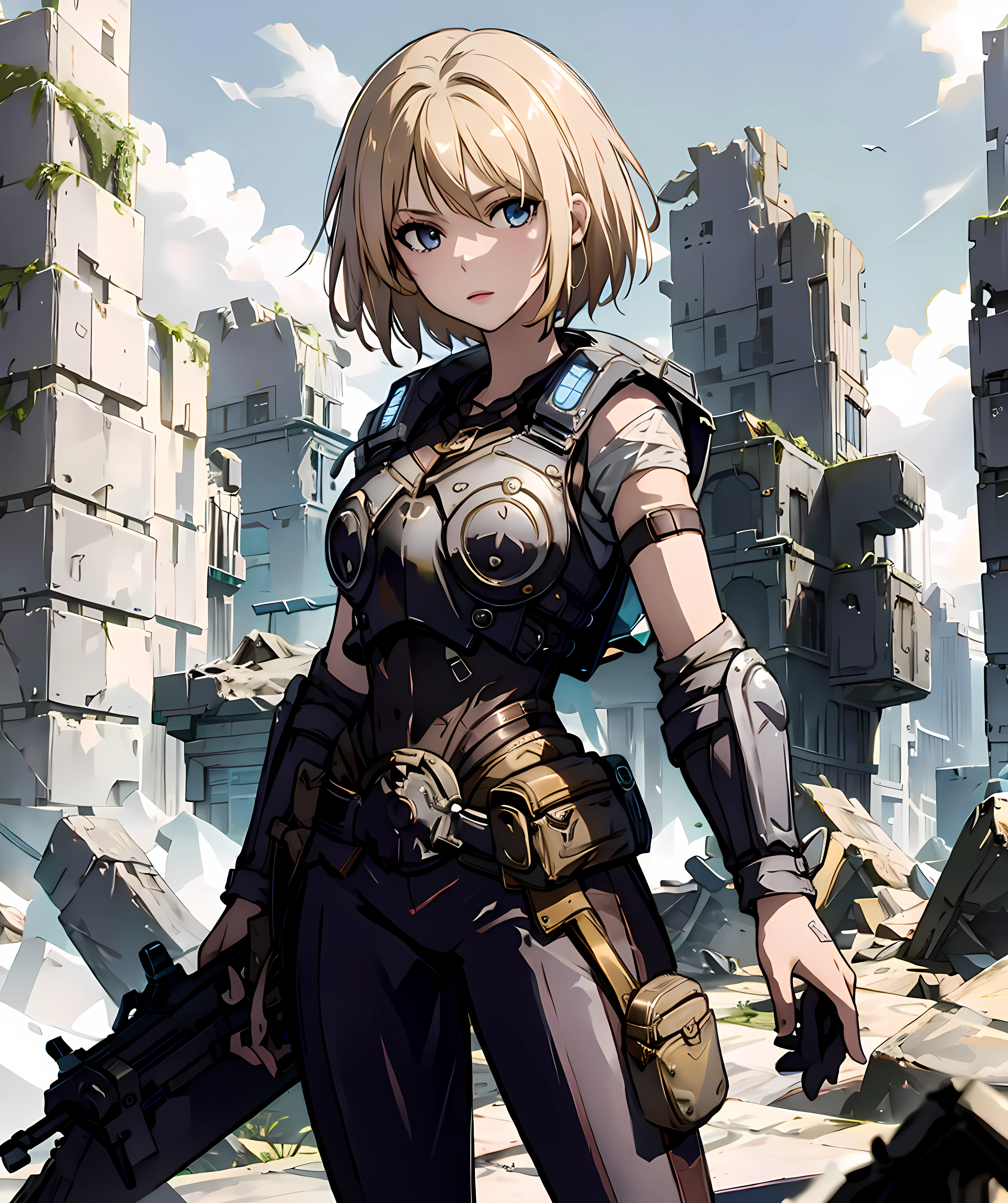 anya_stroud, standing, ruins, outdoor, looking at viewer, armor, short hair, blonde hair, holding weapon <lora:Anya_Stroud-15:0.8>