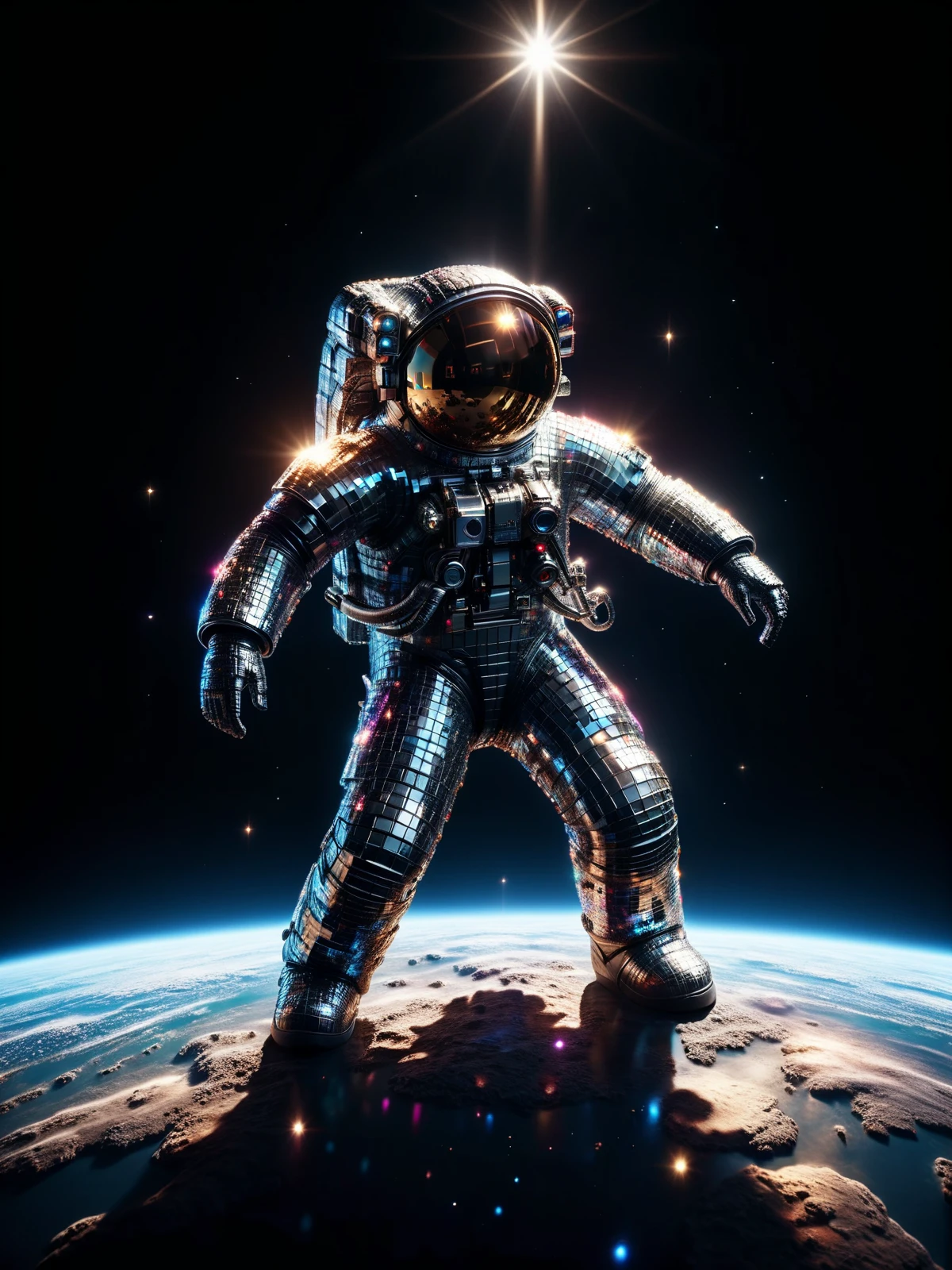 astronaut made of mad-dscbll (earth:1.4), floating in space, spotlight, colorful light reflections, shine, sparkle<lora:Disco_Style_SDXL:1.0>, masterpiece, best quality, ultra high res, (photorealistic, realistic:1.2), deep shadow, raw photo, film grain, Fujifilm XT3, 8k uhd, dslr