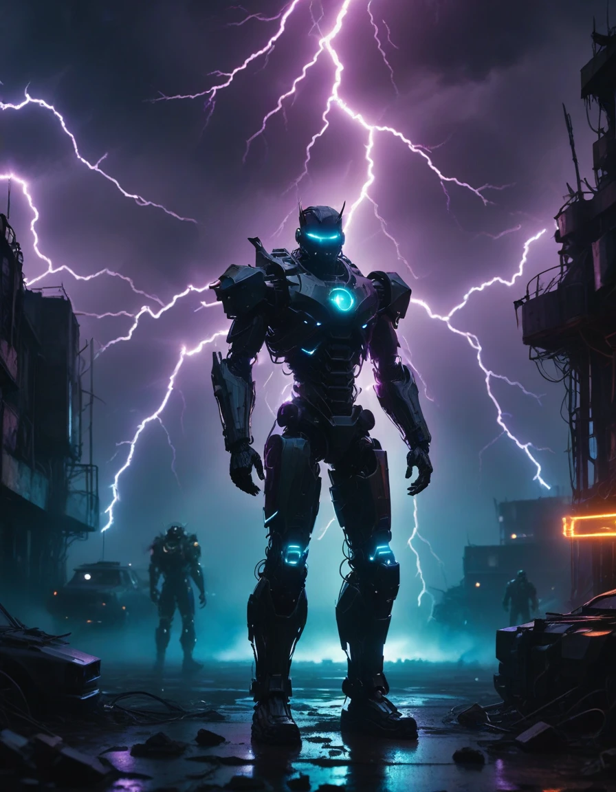 (lightning storm), Neon lights, robots, dystopian future, in the style of William Gibson's visualization