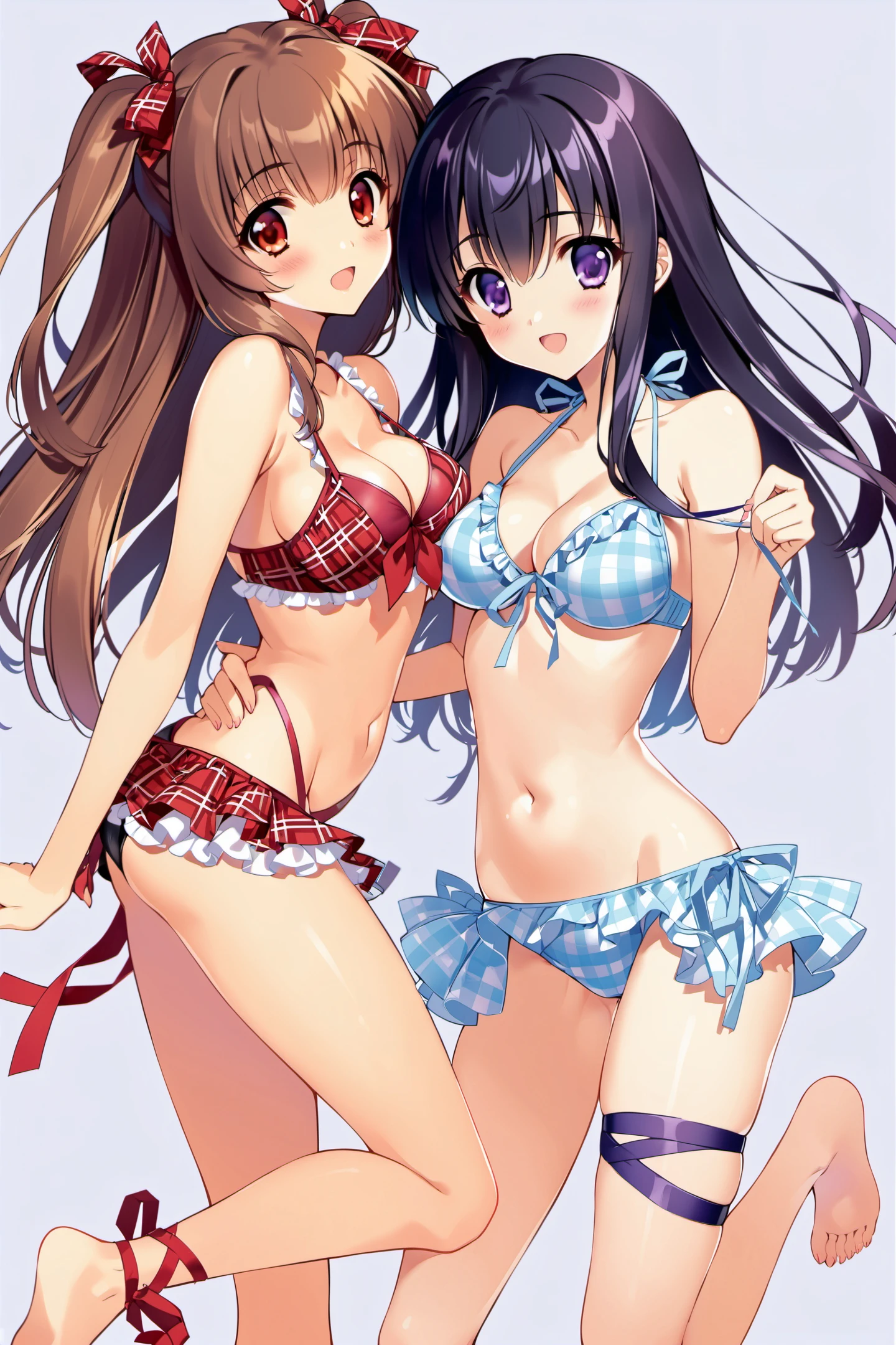multiple girls,2girls,swimsuit,bikini,purple eyes,ribbon,barefoot,breasts,leg ribbon,cleavage,front-tie top,navel,plaid bikini,smile,long hair,brown hair,open mouth,side-tie bikini bottom,frills,ankle ribbon,black hair,hair ribbon,medium breasts,frilled bikini,:d,blush,legs,red eyes,two side up,bikini skirt,thigh ribbon,plaid,purple hair,looking at viewer,feet,standing,<lora:Carnelian_XL:0.8>,