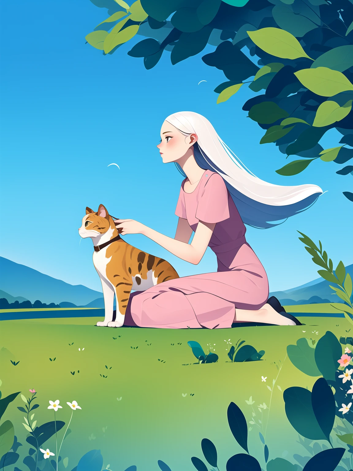 masterpiece, high quality, 1girl, white long hair, cat, pink dress, leaves, flower, J_web_illustration