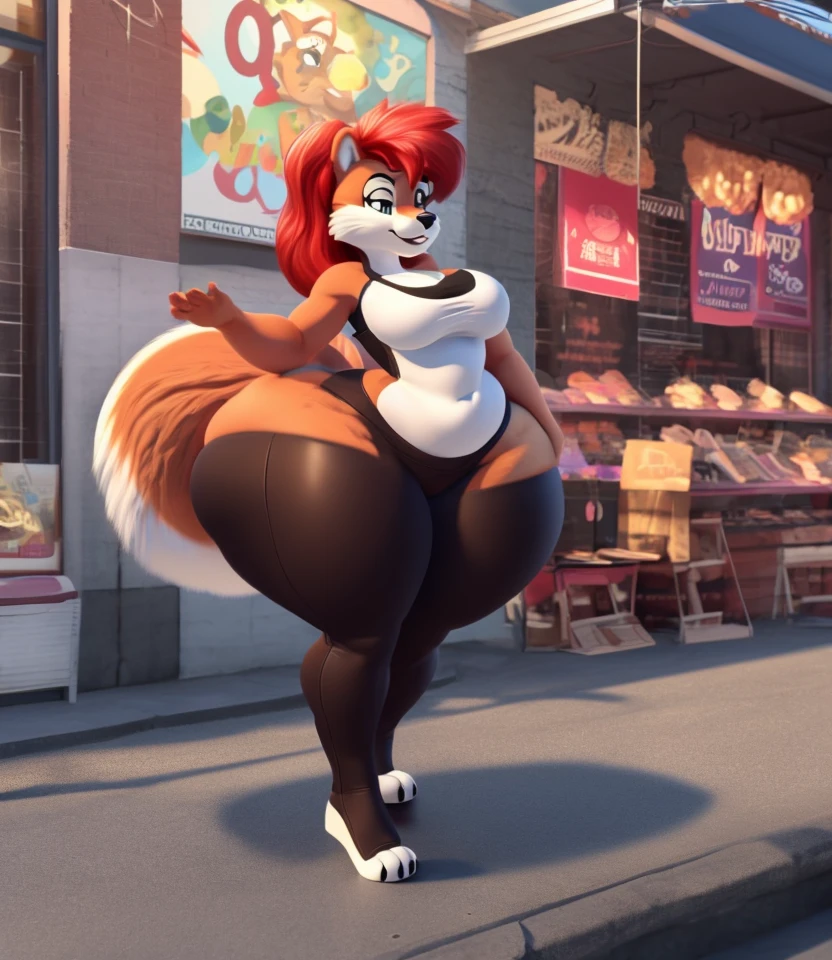 sally acorn, anthro, female, ground squirrel, sciurid, chipmunk, archie comics, red hair, clothed, inflating, blimphips, <lora:Inflation-04-BB95-e050:0.8>