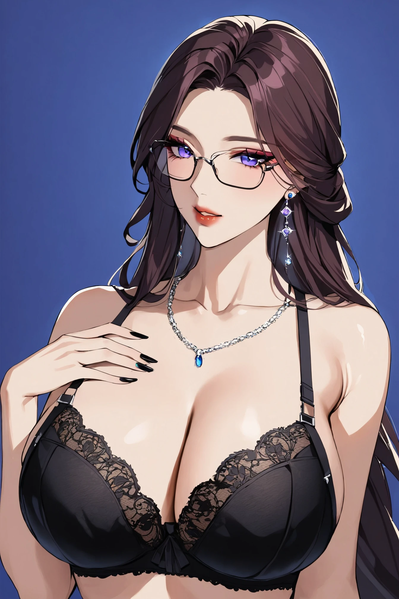1girl, black bra, blue background, blue eyes, bra, fashi-g, cleavage, earrings, glasses, hand on own chest, jewelry, large breasts, long hair, makeup, nail polish, necklace, purple eyes, solo, underwear, upper body,(masterpiece:1.5),(best quality:1.2), <lora:fashigirl-v1-sdxl-lokr-9ep:0.8>