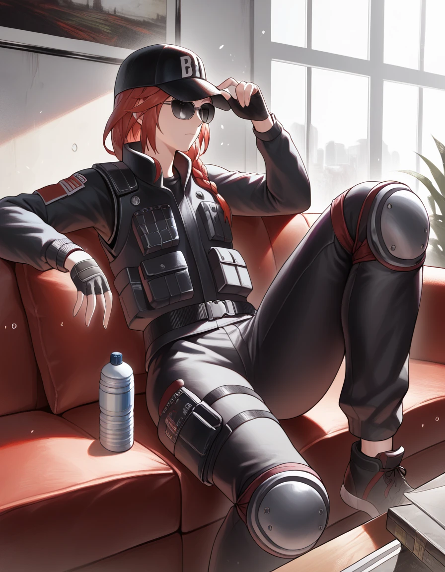 score_9, score_8, score_7, source_anime,
<lora:siege-quad-ponyxl-000015:1>
asop, asdef, red hair, black jacket, black shirt, long sleeves, bulletproof vest, black pants, knee pads, fingerless gloves, baseball cap, sunglasses,
1girl, solo, living room, sofa, relaxing
