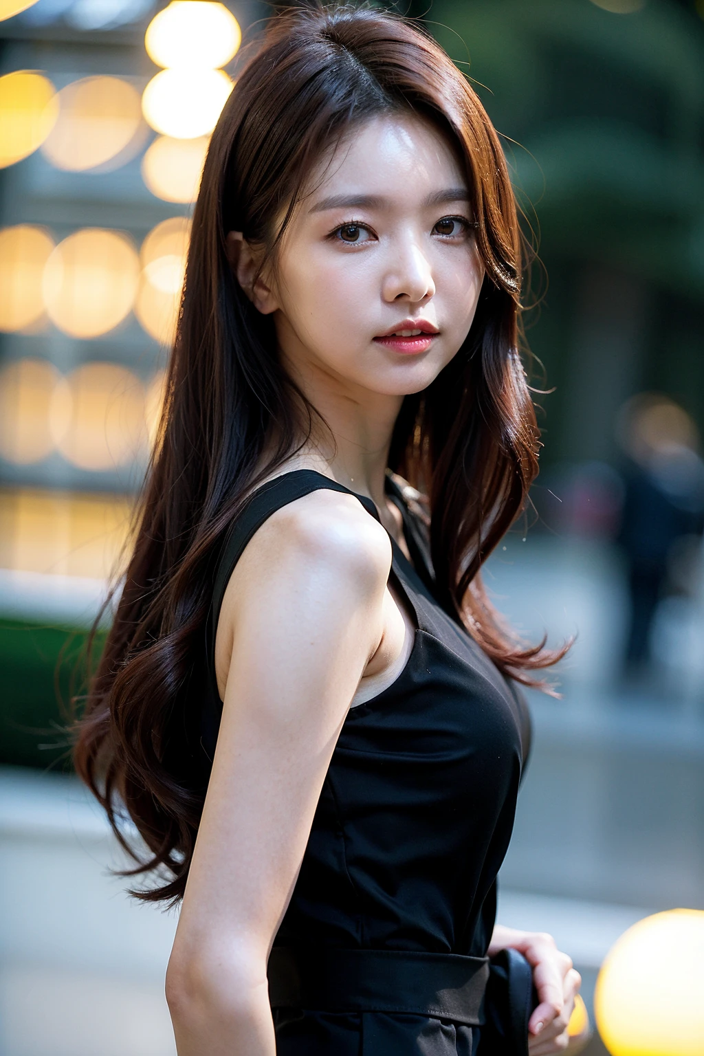 Best quality, masterpiece, ultra high res, (photorealistic), raw photo,1girl, upper body,solo, realistic, looking at viewer, long hair, bokeh background, black dress <lora:makina69_jei_v1.0:1>