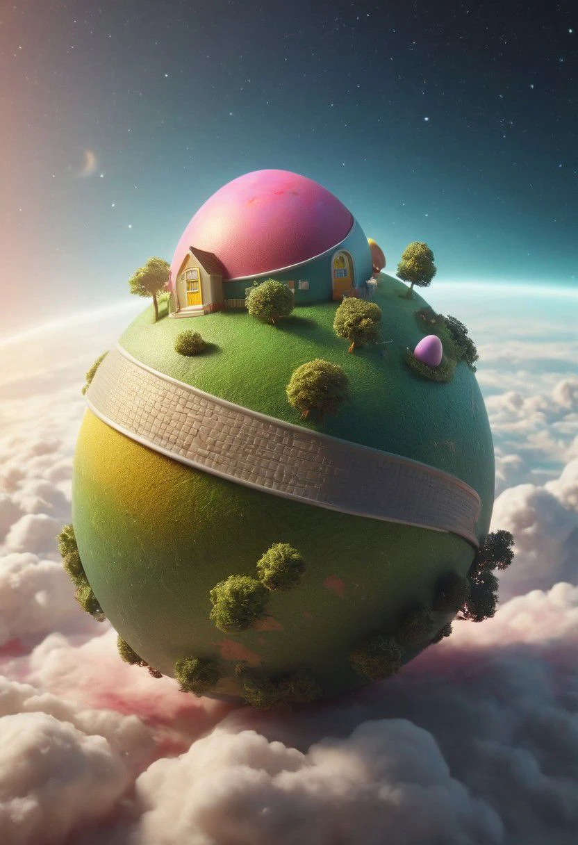 a floating colorful easter egg Planet in space, clear Open space, little trees and Houses from bunnies are visible on the Planets surface, Happy and colorful, 
,very detailed, raw photo, photorealistic, high detailed texture, 8k uhd, dslr, soft lighting, high quality, film grain, Fujifilm XT3, highly detailed photography, atmospheric haze, Film grain, cinematic film still, shallow depth of field, highly detailed, high budget, cinemascope, moody, epic, OverallDetail, gorgeous, 2000s vintage RAW photo, photorealistic, candid camera, color graded cinematic, eye catchlights, atmospheric lighting, skin pores, imperfections, natural, shallow dof