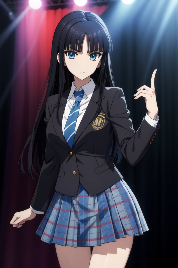 masterpiece, best quality, absurdres, Touma Kazusa <lora:Touma_Kazusa:0.8>, long hair, (black hair, blue eyes), (school uniform:1.2), blue necktie, shirt, plaid skirt, blazer, BREAK 
nice hands, perfect hands, <lora:GoodHands-beta2:0.8>, (beaufitul hand, beautiful finger:1.15), stage, stage lights, tele shot, (perfect anatomy), cowboy shot, [Cinematic lighting|Volumetric Lighting], looking at viewer