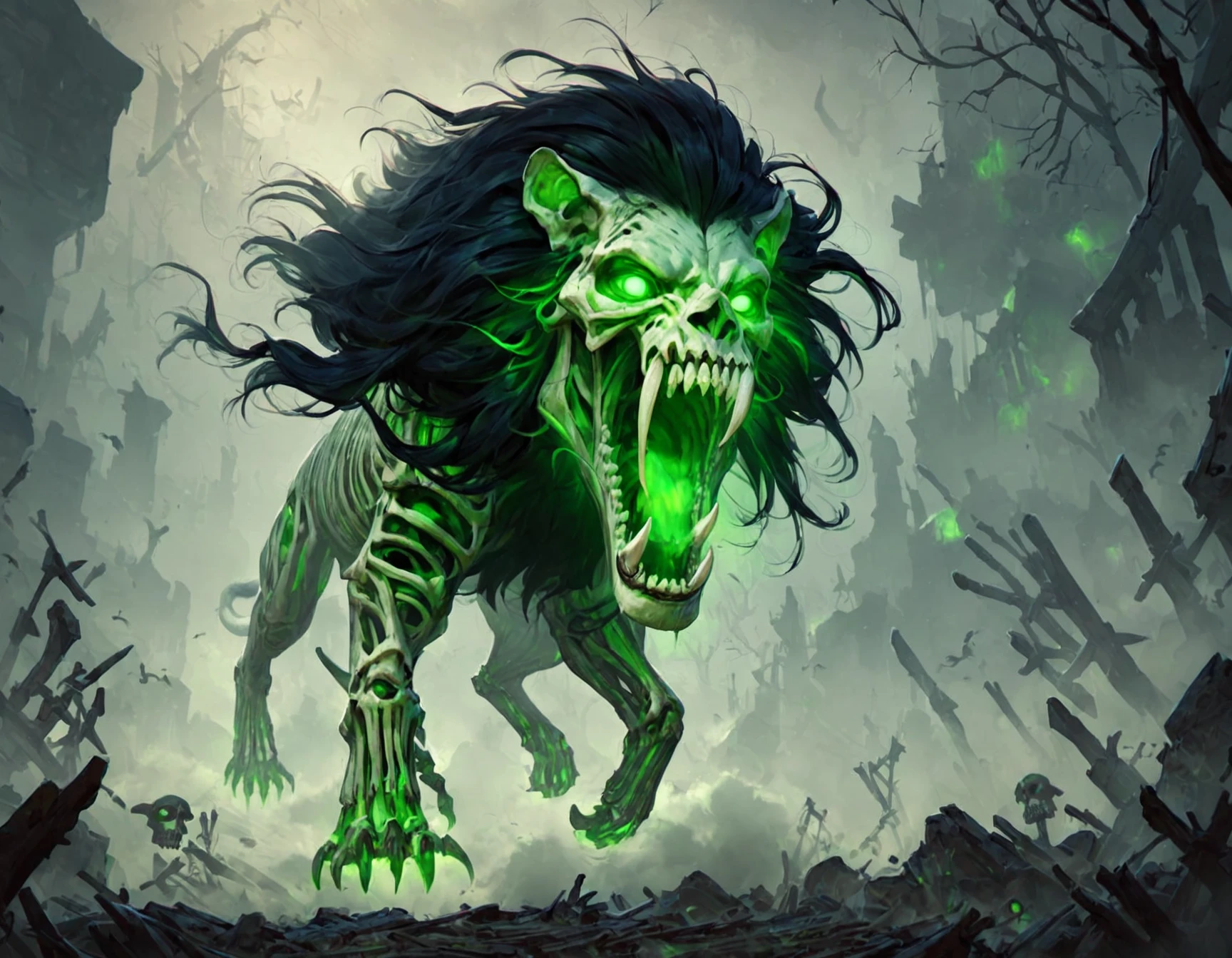<lora:GhostPirateWorldPonyXL:1> ghostpirateworld, quadruped, full body, lion, skeletal, black mane, roaring, fangs, green glowing eyes, fog, mist, gloomy, volumetric lighting, score_9, score_8_up, score_7_up, score_6_up, score_5_up, score_4_up,
