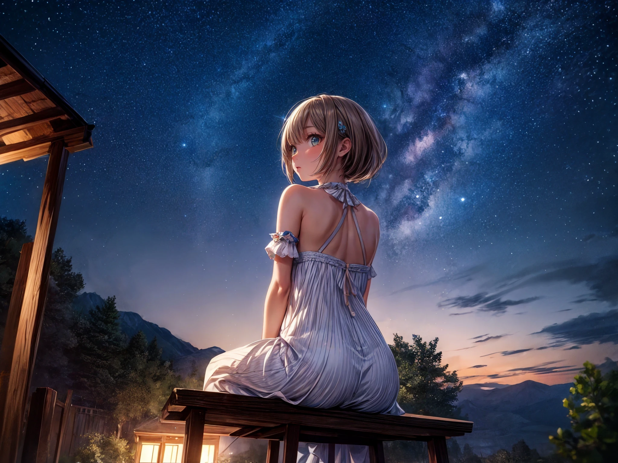 (masterpiece,ultra-detailed,best quality,8K,illustration,shaved:1.2),(petite girl:1.0) <lora:add_detail:1.5> , <lora:hoshizora:1> hoshizora,starry sky,outdoor,sitting,from behind