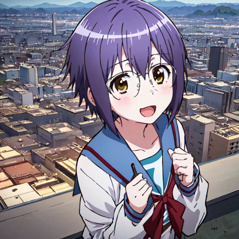 <lora:nagato:0.8>,nagato,1girl,super fine illustration,masterpiece,best quality,;d,kita_high_school_uniform,cowboy_shot,cityscape,