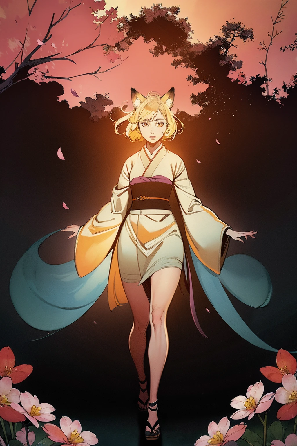 (masterpiece, best quality:1.2), highres, best illustration, 8k wallpaper, (Traditional Media), (2d:1.2), wide shot, (dynamic angle:1.1), outline, ((thick lineart)), cover, stylish, official art, (details:1.2), (fantasy), garden, (bloom:1.1), glow:0.2, shadow, nature, cherry blossoms, particles, (depth of field), sharp focus, (volumetric lighting), (bokeh:0.6), day, (soft lighting:1.1), judddr style, Youukkoo, looking at viewer, short hair, blonde hair, animal ears, upper body, orange eyes, fox ears, orange kimono, full body, looking at viewer, <lora:Sengoku_Youko_00_01:0.3> <lora:judddr_00_05:1.2>