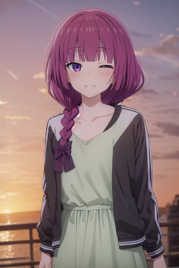 hiroikikuri, <lora:kikuri hiroi s1-lora-nochekaiser:1>,
kikuri hiroi, black bow, blunt bangs, braid, closed eyes, (purple eyes:1.1), fang, hair bow, hair over shoulder, long hair, purple hair, sidelocks, single braid, smile, grin, fangs, teeth,
BREAK black jacket, brown footwear, collarbone, dress, green dress, jacket, long sleeves, open clothes, open jacket, raglan sleeves, sandals, white sleeves,
BREAK outdoors, city, crowd, people,
BREAK looking at viewer, (cowboy shot:1.5),
BREAK <lyco:GoodHands-beta2:1>, (masterpiece:1.2), best quality, high resolution, unity 8k wallpaper, (illustration:0.8), (beautiful detailed eyes:1.6), extremely detailed face, perfect lighting, extremely detailed CG, (perfect hands, perfect anatomy),
