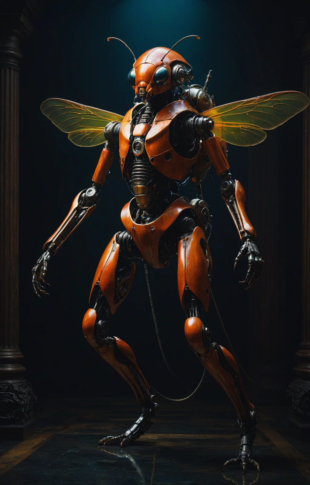 Artistic photography style A RAW photograph of a impartial and otherworldly monstrous creature with insect and robotic qualities, bold lines, hyper detailed, dark limited palette, dramatic lighting, (intricate details, masterpiece, best quality:1.3),, art by Greg Rutkowski, Artgerm, WLOP, Alphonse, Beeple and Caravaggio,wet eyes, Lapidary of a Sisal-plated abysues magic LED lights float to cast light and shadow., Heidelberg School, F/5, multidimensional . Calm, professional, ancient design, high-resolution, avant guard, highly detailed, original concept
