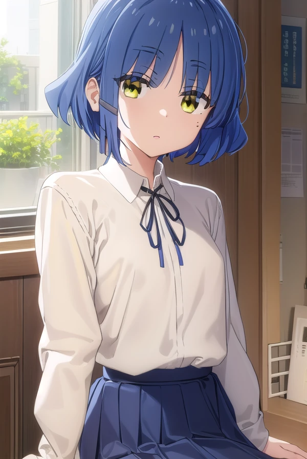 ryouyamada, <lora:ryou yamada s1-lora-nochekaiser:1>,
ryou yamada, blue hair, eyes visible through hair, mole, mole under eye, short hair, (yellow eyes:1.3), hairclips,
BREAK black pantyhose, black ribbon, blue skirt, brown footwear, loafers, long sleeves, pantyhose, ribbon, school uniform, shimokitazawa high school uniform, shirt, shoes, skirt, white shirt,
BREAK indoors, classroom,
BREAK looking at viewer, (cowboy shot:1.5),
BREAK <lyco:GoodHands-beta2:1>, (masterpiece:1.2), best quality, high resolution, unity 8k wallpaper, (illustration:0.8), (beautiful detailed eyes:1.6), extremely detailed face, perfect lighting, extremely detailed CG, (perfect hands, perfect anatomy),