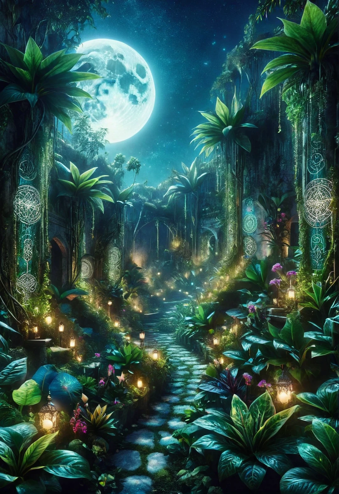 ais-rcn, a secret garden seen only at midnight, where exotic plants bloom under the moon's watchful eye, and the air is thick with enchantment <lora:ais-rcn-sdxl:1>, cinematic