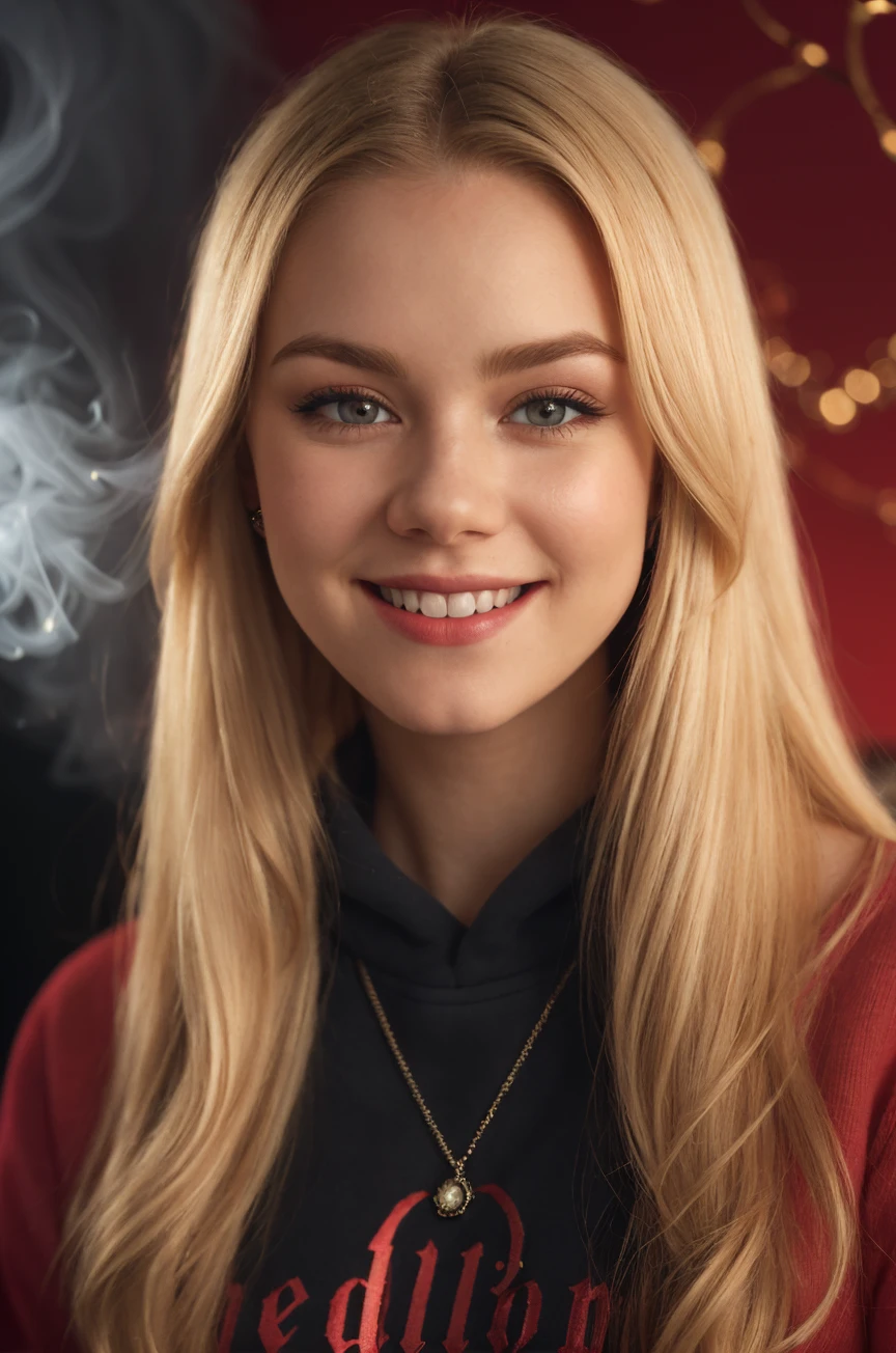 DV_S2_Bertha_Vicious (Blonde Long Hair:1.4)((RedTheme, Red backdrop:1.4)) (Close-Up Shot, headshot:1.4) wearing (Black sweatshirt :1.4) 35mm, F/2.8 ((Photo Focus, DOF, Aperture, insanely detailed and intricate, character, hypermaximalist, elegant, ornate, beautiful, exotic, revealing, appealing, attractive, amative, hyper realistic, super detailed, heresy flares)) (smiling at viewer:1.3)(volumetric red smoke:1.3) (red lens flare:1.2)(sharpness:1.3)(details:1.3) (Facial Close up shot:1.4)