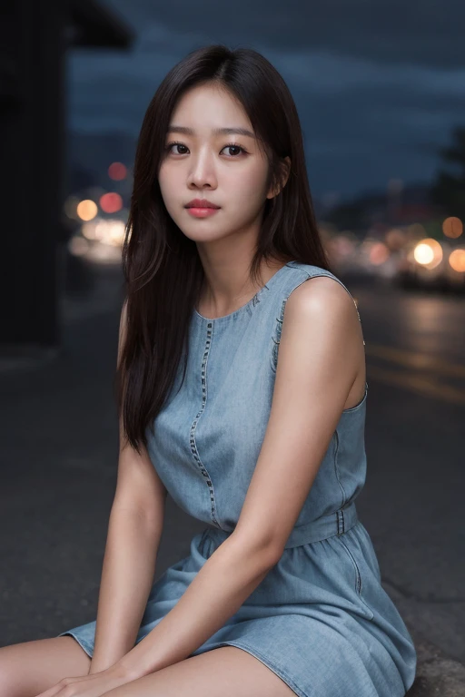 masterpiece, best quality, ultra-detailed, ultra high res, (photorealistic:1.4), raw photo, (realistic:0.2), CG, 8k HDR, cinematic lighting, 1girl, solo, sitting, looking at viewer, (simple dress, sleeveless), outdoor, (colorful), night, city street, upper body, lower body, asymmetrical hair, (detailed oily skin, medium breasts:0.8), (detailed face), (detailed background :1.1), closed mouth,