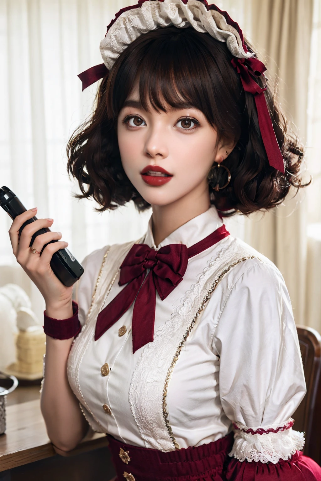 colorful, hezi, cosplay costume, beauty, stunning, 1girl, corded phone, solo, ring, jewelry, brown hair, realistic, talking on phone, phone, earrings, holding, parted lips, brown eyes, bangs, upper body, holding phone, curly hair, bow, looking to the side, bonnet, hair bow, blurry, lamp, lips, black eyes, indoors, blurry background, teeth, kettle, shirt, curtains, hand up, buttons, red lips, looking at viewer, medium hair, hat, nose, cellphone, red dress, dress, short sleeves, short hair, looking away, blunt bangs, open mouth, window, lipstick