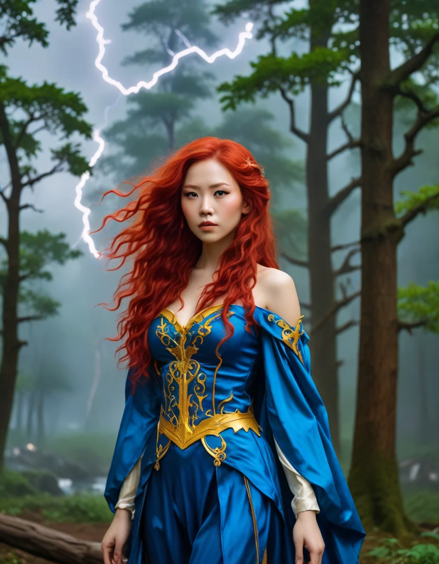(lightning storm), A portrait of a young woman with long red hair and wearing a fantasy costume. She stands in front of a forest backdrop. Based on the passage above, Can you create a list of prompts for sketches based on the following criteria: scientific study, detailed sketch, classical Chinese style, inspired by Wang Duo?
