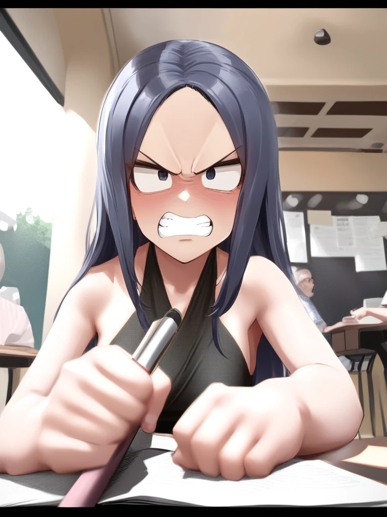 Extra Long Shot, 2020s, an 17 year old girl wearing halter dress, studying at a cafe, beautiful, maximal facial detail, shot on fujifilm XT4, super detail, ultra hd, 4k, real life, anime, angry,clenched teeth