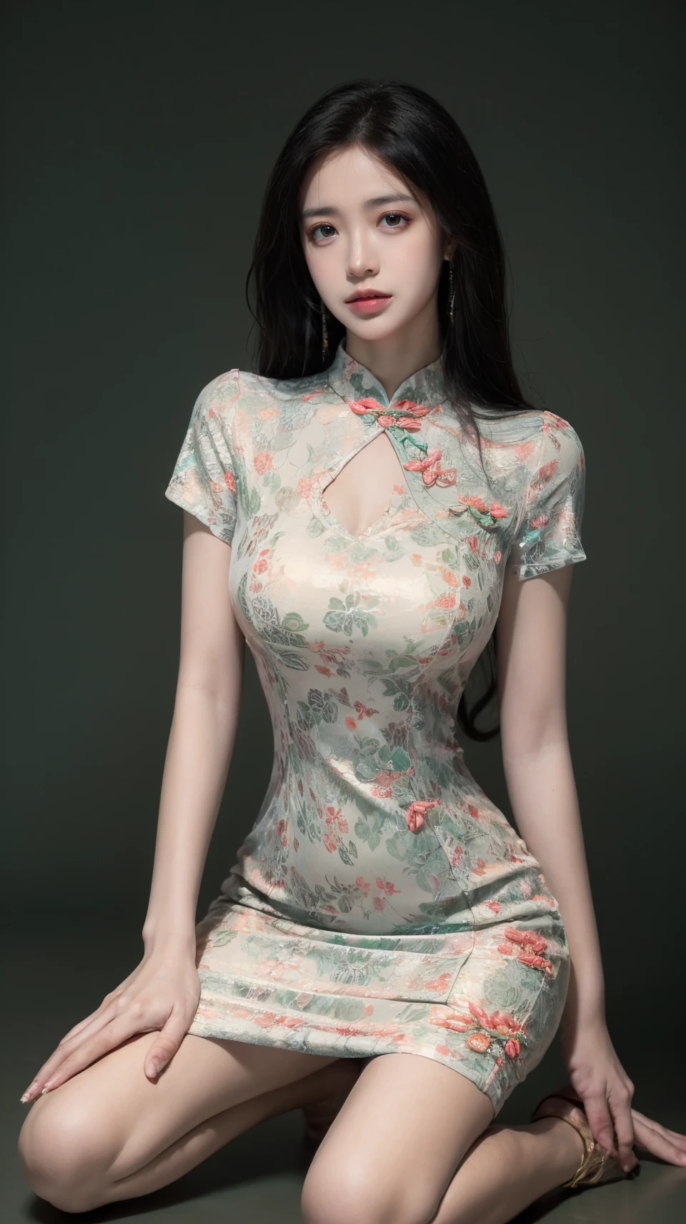 (masterpiece,highest quality,超A high resolution),japanese woman, (((Very beautiful 25 year old girl))), pretty girl、look at the photographer､  ((beautiful low ponytail)), super cute face, glossy lips, double eyelids in both eyes,natural smile、 natural makeup, long eyelashes, Shiny and smooth hair､center image,  perfect limbs, perfect ???????,(((China dress)))、((()),wet with sweat,