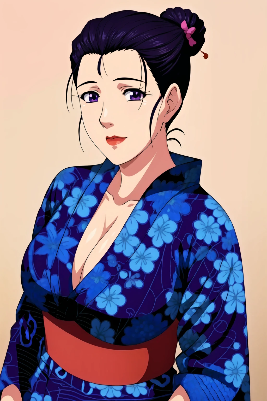((best quality)), ((masterpiece)), ((detailed background)), ((high quality illustration)), nico robin, wanostyle, 1girl, solo, black hair, black jacket, blue eyes, breasts, cleavage, collarbone, hair ribbon, (jacket, jacket on shoulders, japanese clothes, kimono), large breasts, long hair, looking at viewer, obi, parted lips, ponytail, (print jacket, print kimono, red ribbon, ribbon, sash), indoors, white kimono, upper body, close up, miyazaki hayao
