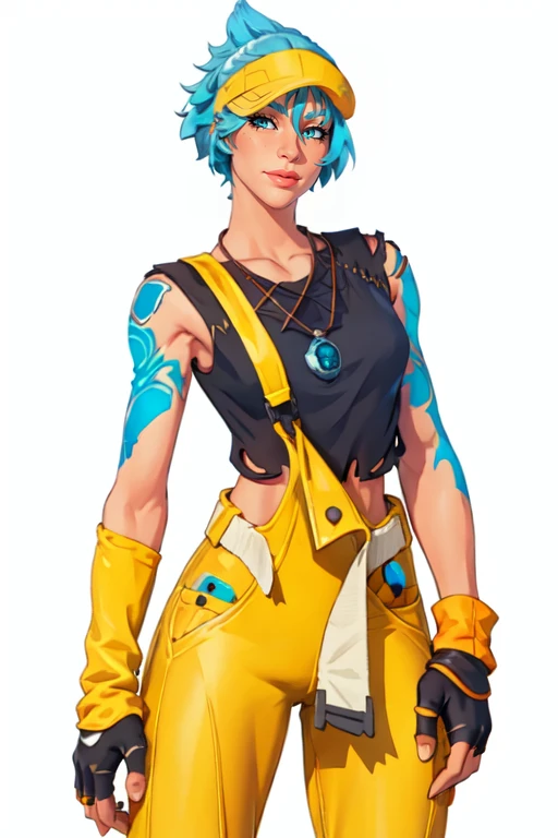 masterpiece,best quality,face detail,extreme detail,8k,white background,<lora:Comet:0.8>,cometfn,1girl,solo,looking at viewer,short hair,bangs,shirt,gloves,jewelry,closed mouth,blue hair,cowboy shot,fingerless gloves,necklace,lips,torn clothes,tattoo,single glove,nose,visor cap,single sleeve,single fingerless glove,yellow pants,standing pose,