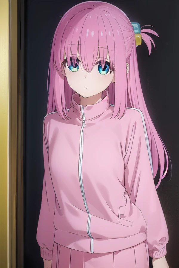 hitorigotou, <lora:hitori gotou s1-lora-nochekaiser:1>,
hitori gotou, blue eyes, cube hair ornament, hair between eyes, hair ornament, pink hair, one side up, long hair,
BREAK black skirt, jacket, long sleeves, pants, pants under skirt, (pink jacket:1.5), pink pants, pleated skirt, skirt, track jacket, track pants, track suit,
BREAK indoors, classroom,
BREAK looking at viewer, (cowboy shot:1.5),
BREAK <lyco:GoodHands-beta2:1>, (masterpiece:1.2), best quality, high resolution, unity 8k wallpaper, (illustration:0.8), (beautiful detailed eyes:1.6), extremely detailed face, perfect lighting, extremely detailed CG, (perfect hands, perfect anatomy),