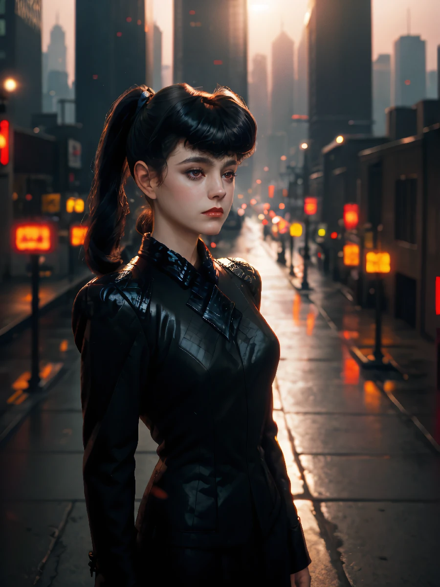 rchbld,rchbld hair, (top angled shot:1.1),(black jacket),long skirt,sunrise,cyberpunk city street,volumetric lighting,masterpiece,cinematic