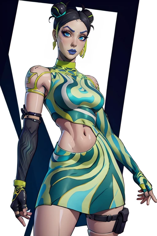 masterpiece,best quality,face detail,extreme detail,8k,white background,<lora:tsuki:0.7>,designertsuki,1girl,solo,breasts,looking at viewer,blue eyes,skirt,black hair,gloves,jewelry,earrings,elbow gloves,fingerless gloves,hair bun,crop top,double bun,makeup,eyeshadow,joints,open hand,android,cowboy_shot,wide hips,green,