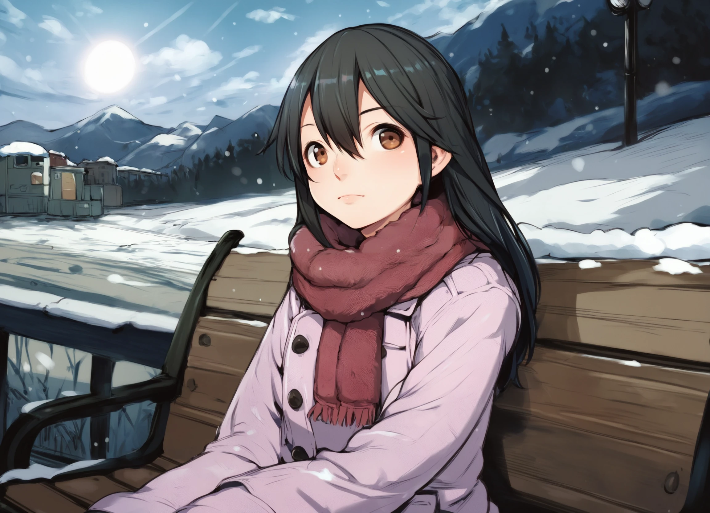 score_9, score_8_up, score_7_up, score_6_up, j7w_style BREAK
1girl, solo, bench, brown eyes, black hair, cloud, coat, fur-trimmed coat, hair between eyes, long hair, long sleeves, outdoors, pink coat, scarf, sitting, snow, sun, utility pole, winter clothes, portrait, looking at viewer,
<lora:j7w_pdxl2:1>