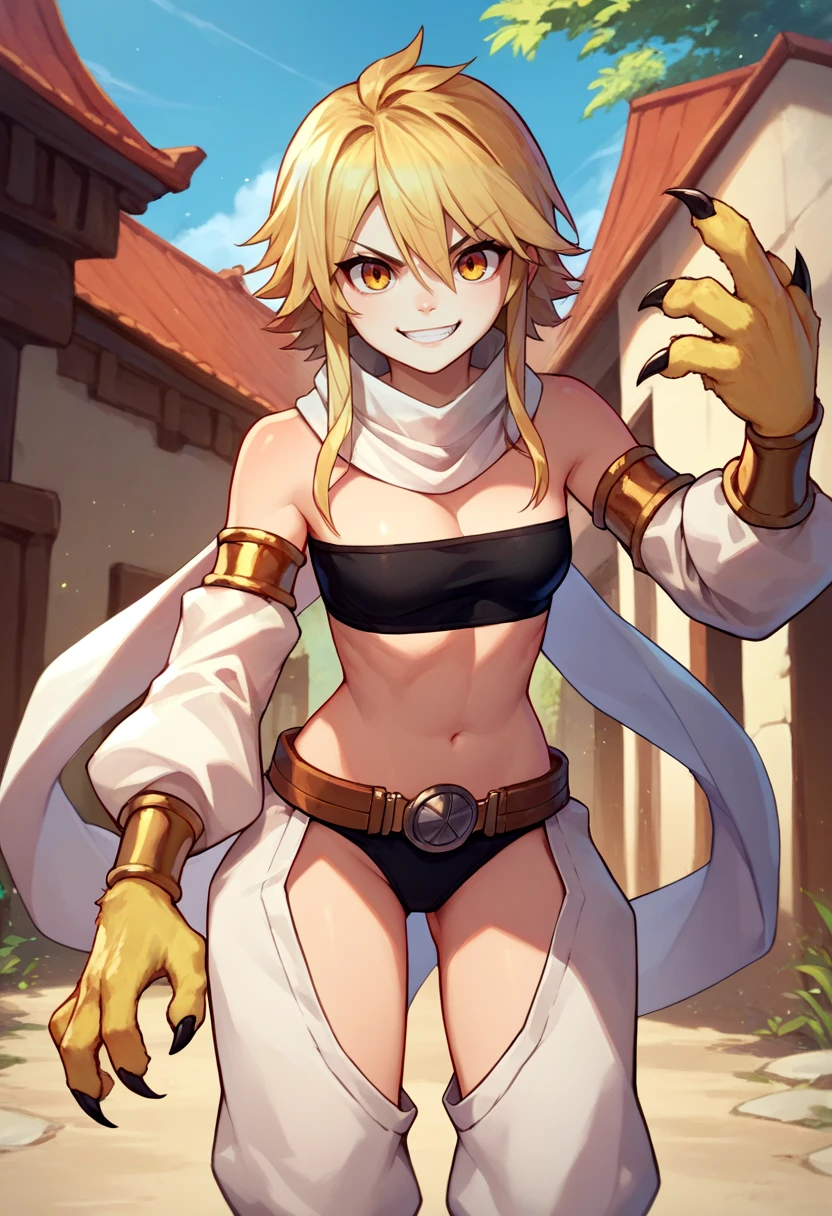 score_9, score_8_up, score_7_up, source_anime, solo, 1girl, agkleone, smile, looking at viewer, v-shaped eyebrows, bandeau, detached sleeves, animal hands, claws, white pants, underwear, black panties, white scarf, belt, outdoors <lora:agk_leone_ponyXL:1>