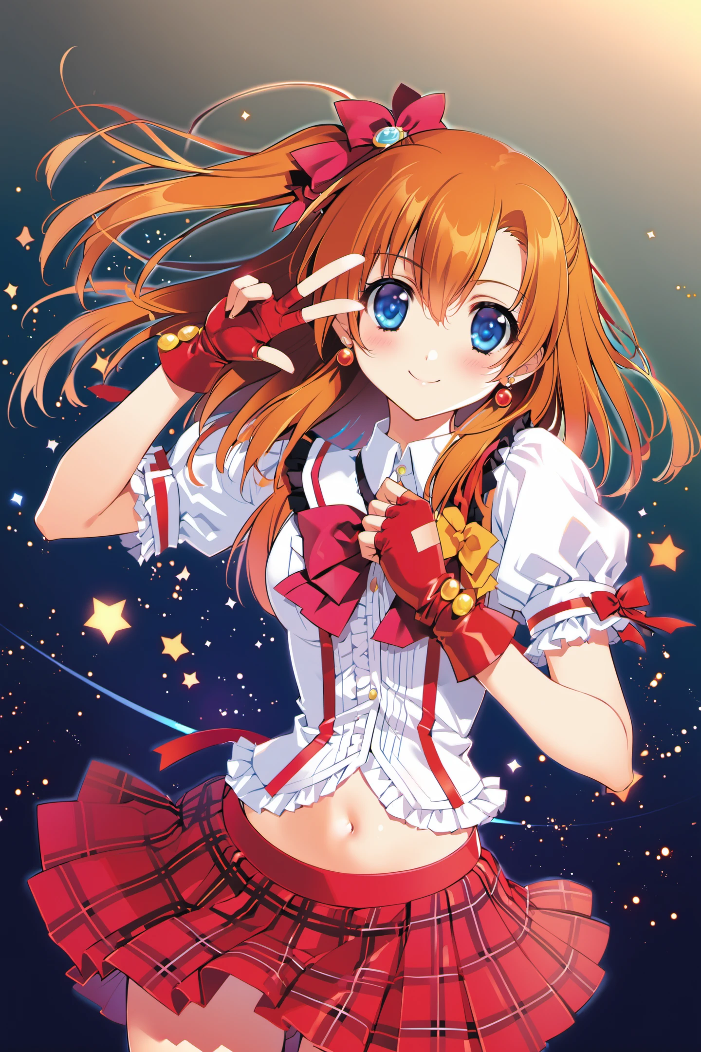 1girl,kousaka honoka,bokura wa ima no naka de,blue eyes,solo,gloves,smile,fingerless gloves,one side up,orange hair,navel,blush,looking at viewer,short hair,bow,red gloves,salute,v,skirt,jewelry,earrings,<lora:Carnelian_XL:0.8>,