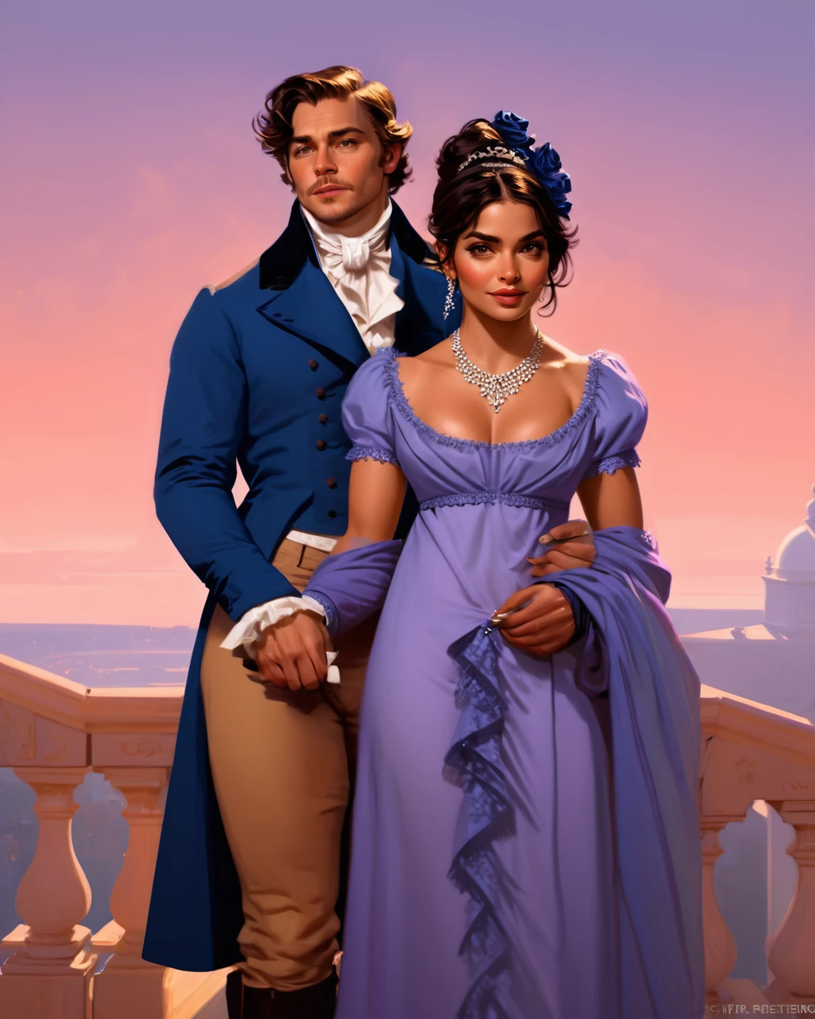 art by ilya kuvshinov, art by loish, art by ross tran, Photo taken at dusk, full body, a man and a woman
 ([priyanka chopra|deepika padukone|pooja hegde]:0.8) in regency period fashion
([James Franco|Timothy Olyphant]:0.8) wearing a regency period fashion <lora:M_niji_XL:0.5> <lora:ComicBookStyleSDXL:0.5>
 <lora:Regency:1> r3g3ncy