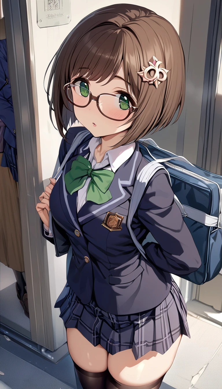 <lora:Maekawa Miku:1>,1girl,brown hair,green eyes,maekawa miku,glasses,brown hair,thighhighs,school uniform,green eyes,1girl,short hair,hair ornament,bag,school bag,book,skirt,, masterpiece, best quality,