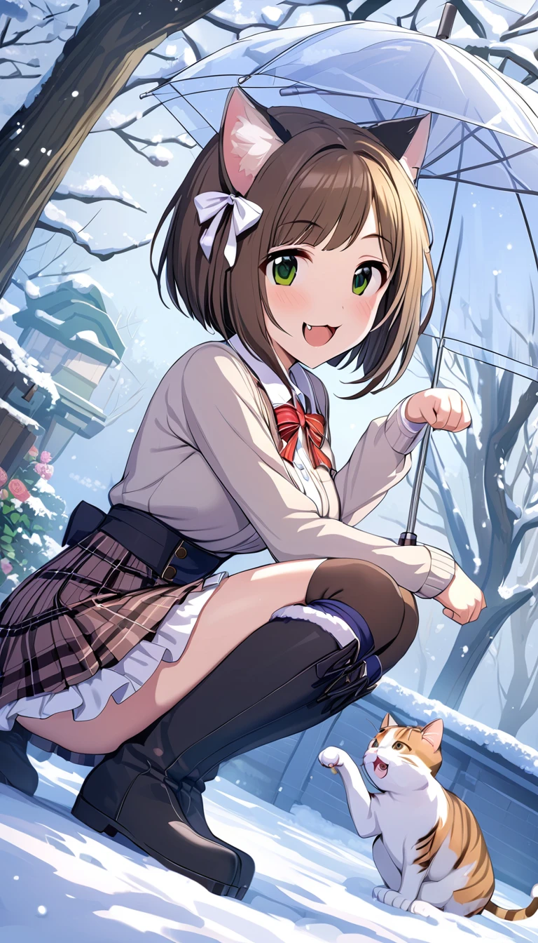 <lora:Maekawa Miku:1>,1girl,Maekawa Miku,1girl, maekawa miku, cat, green eyes, umbrella, brown hair, short hair, paw pose, solo, squatting, outdoors, open mouth, fang, flower, smile, skirt, transparent, ribbon, snow, hair ribbon, bow, cat ears, transparent umbrella, holding, boots, masterpiece, best quality,