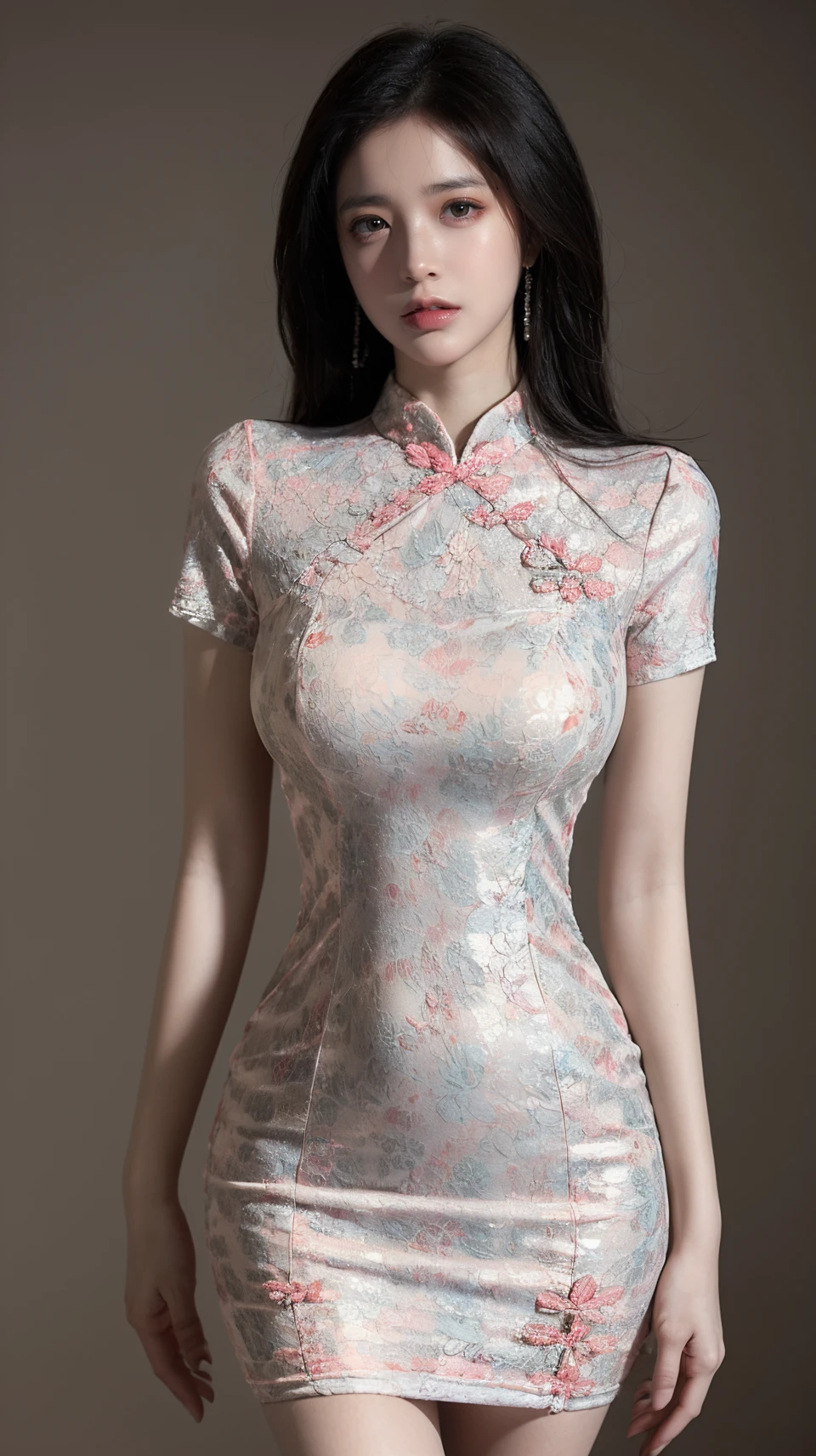 best quality,เอชดีอาR์,UHD,8K,bright colors,Tามลำพัง,Medium shot,(1 girl:1.5),(stand:1.3),from the front,soft light,(look at viewer:1.6),elegant,A detailed beautiful face,(พื้นหลังที่เRียบง่าย:1.1),คาวบอยช็อT,R.T,Chinese dress,(Spread your legs)