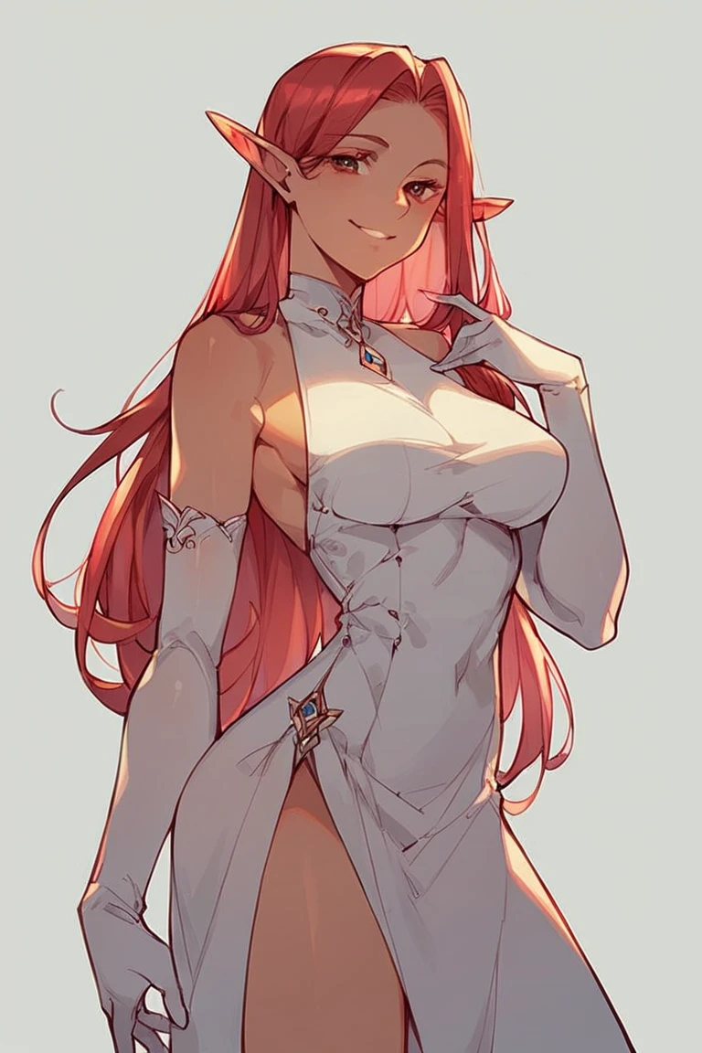 score_9, score_8_up, score_7_up, 1girl, pointy ears, solo, elf, cowboy shot, standing, red hair, long hair, gloves, elbow gloves, white gloves, smile, looking at viewer, long white dress, standing, simple background <lora:one-image-style-LoRA-6 SDXL_LoRA_Pony Diffusion V6 XL:1>