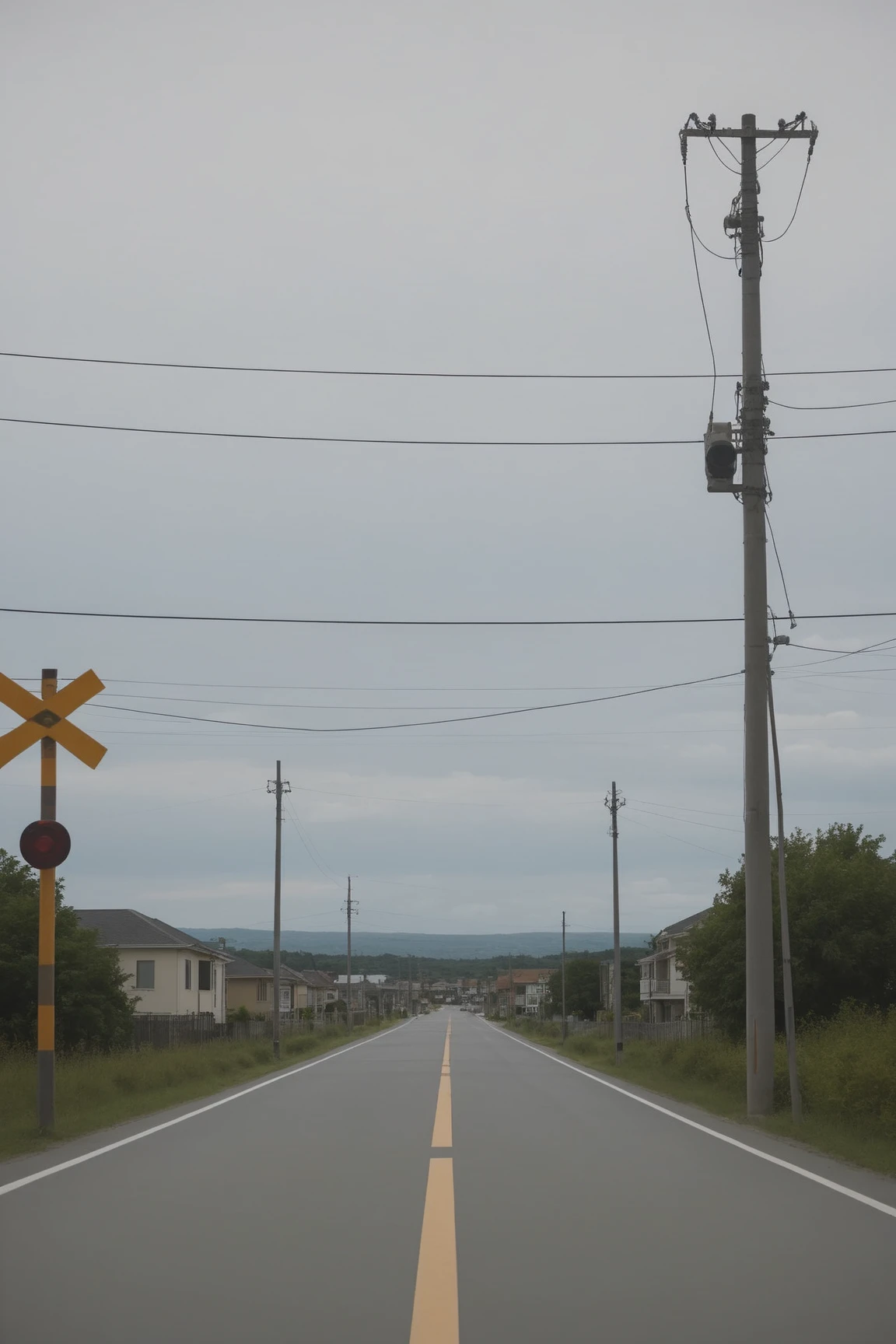<lora:Anchestreet-V1:0.7>,anchestreet,no humans,outdoors,scenery,road,power lines,sky,sign,utility pole,road sign,day,
