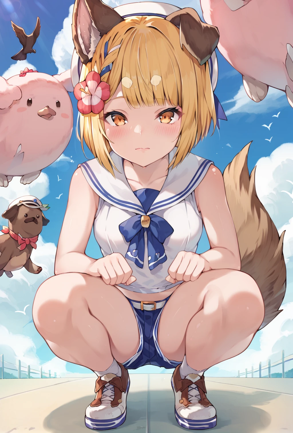 score_9, score_8_up, score_7_up, uncensored, source_anime, 1girl, <lora:spgbfVajraXLPony-10:1> vajrasu, dog tail, hair flower, blue shorts, white shirt, sailor collar, belt, white headwear, white sailor collar, blush, looking at viewer, solo, squatting, bird, blue sky, cloud, pink clouds, shadow, sky, surreal, very wide shot