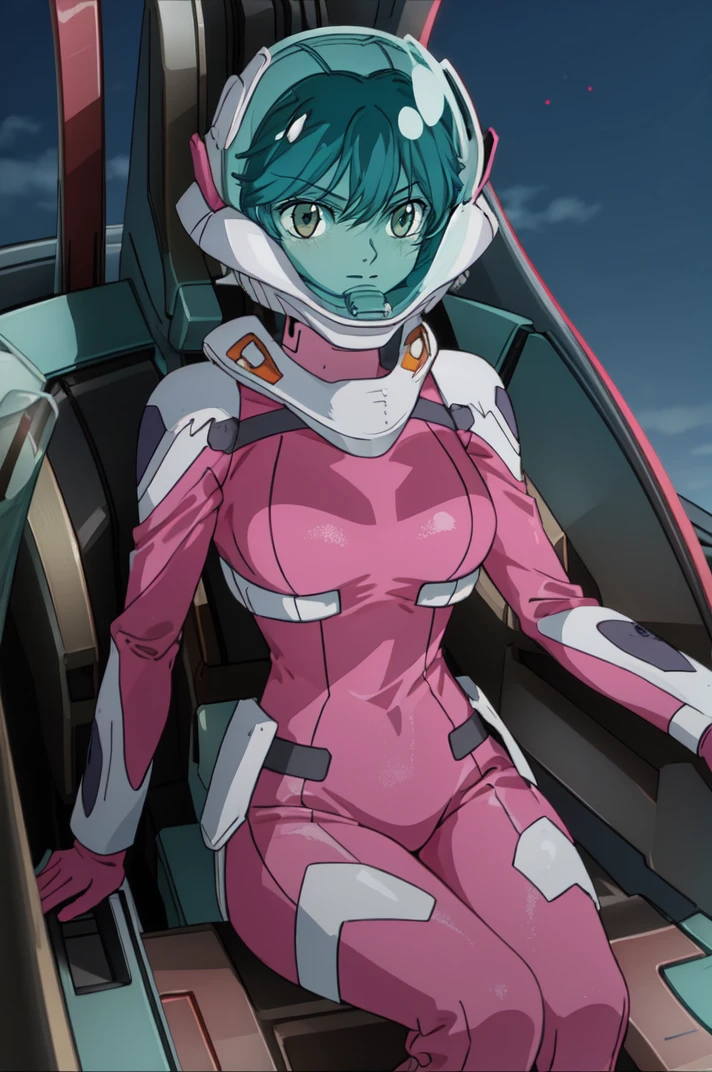 masterpiece, best quality, absurdres, nena trinity <lora:Nena_Trinity_v2.0:0.9>, 1girl, yellow eyes, red hair, (freckles:0.7), earrings, medium breasts <lora:breastsizeslideroffset:0.2>, (helmet, green glass, short hair:1.4), pink bodysuit, bodysuit, pink gloves, BREAK nice hands, perfect hands, <lora:GoodHands-beta2:0.8>, beaufitul hand, beautiful finger, BREAK holographic interface, (sitting, cockpit:1.3), starry sky, (Deep Depth Of Field), (perfect anatomy), cowboy shot, [Cinematic lighting|Volumetric Lighting], looking at viewer