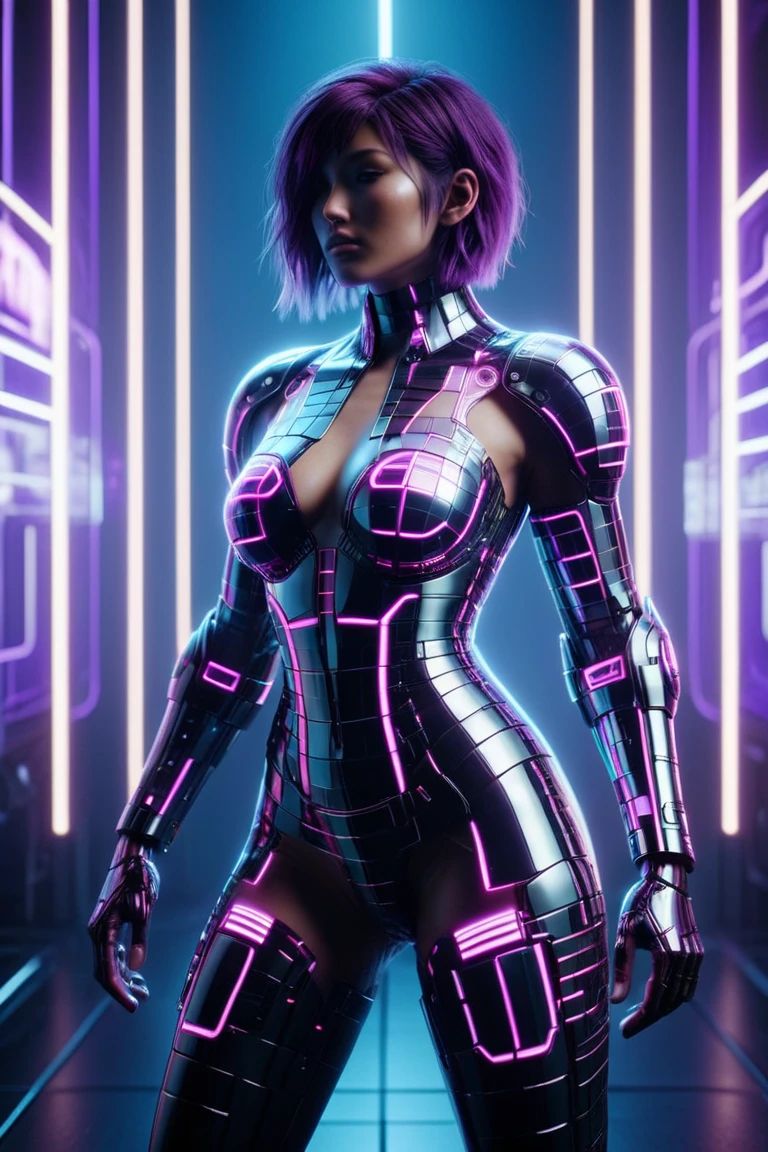 sci fi character with cybernetic mecha implants in the style of a code vein character made of mad-dscbll, neon_purple glowing outline, cyberspace grid in background, sparkle, dynamic dramatic lighting, bokeh, dynamic camera angle, dynamic pose<lora:Disco_Style_SDXL:0.9>  <lora:Neon_Cyberpunk_SDXL_Cyberspace:0.6> mad-cyberspace, cyberpunk, scifi, 1980s, retro <lora:aesthetic:1> aesthetic, masterpiece, best quality, ultra high res, (photorealistic, realistic:1.2), deep shadow, raw photo, film grain, Fujifilm XT3, 8k uhd, dslr