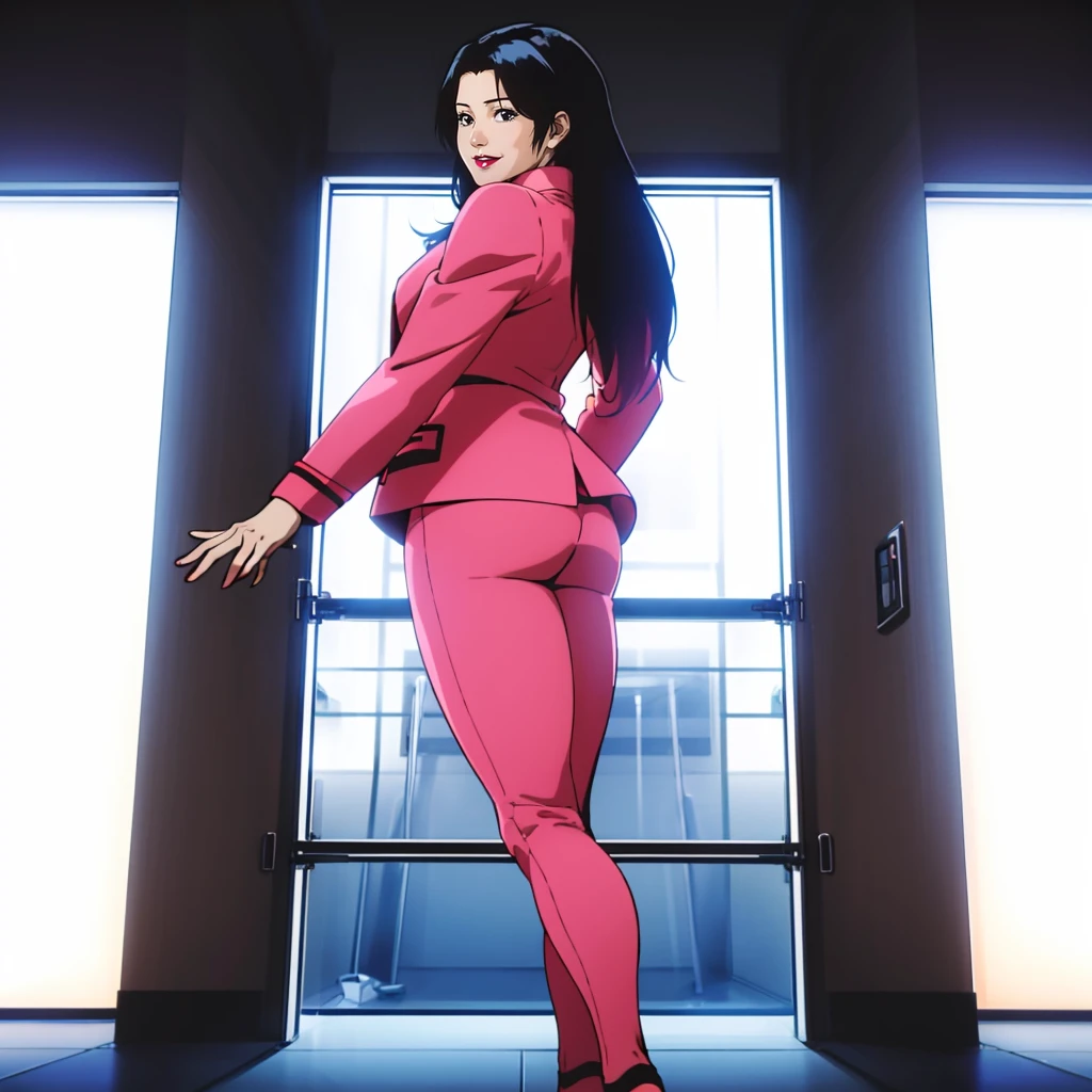 <lora:YokoYazaki001:0.7>,smile,looking back,
YokoYazaki,1girl,black hair,longhair,black eyes,red_lips_,
pink jacket,turtleneck,pink pants,
full body,standing,