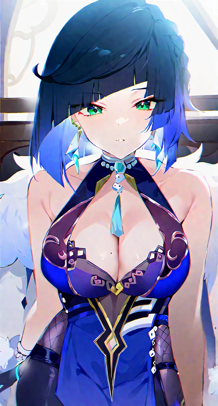 best quality,masterpiece,highres,solo,1girl, absurdres, ai_dongdong, armpits, arms_up, black_hair, bob_cut, cleavage, cowboy_shot, diagonal_bangs, dice, elbow_gloves, english_commentary, green_eyes, nude, naked, completely_nude, pussy, open pussy, head_tilt, highres, large_breasts, looking_at_viewer, medium_hair, parted_lips, smile, solo, tassel, vision_\(genshin_impact\), nude, nsfw, yelan_\(genshin_impact\)