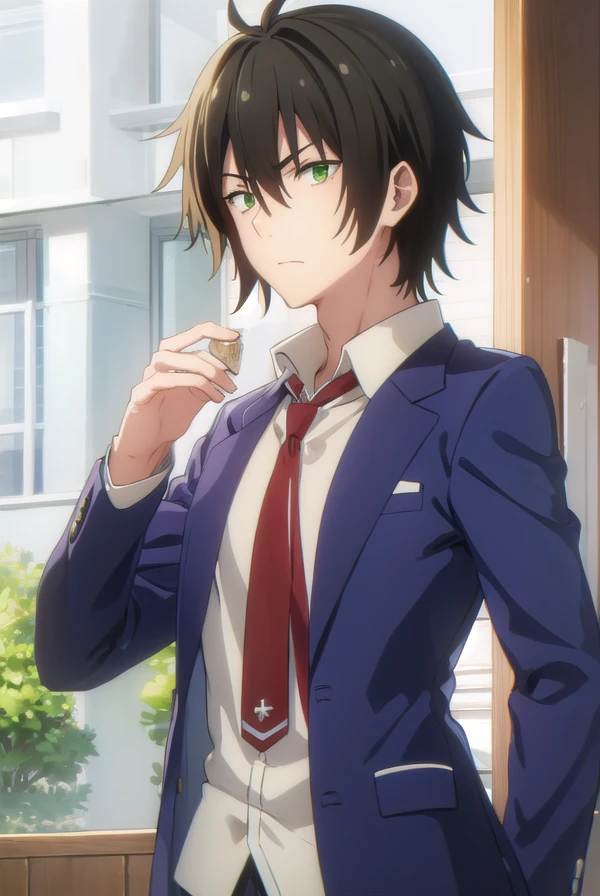 fudounomura, <lora:fudou nomura s1-lora-nochekaiser:1>,
fudou nomura, black hair, male focus, (green eyes:1.3), 
BREAK school uniform, jacket, necktie, pants, blazer, red necktie, shirt, white shirt, collared shirt,
BREAK indoors, classroom,
BREAK looking at viewer, (cowboy shot:1.5),
BREAK <lyco:GoodHands-beta2:1>, (masterpiece:1.2), best quality, high resolution, unity 8k wallpaper, (illustration:0.8), (beautiful detailed eyes:1.6), extremely detailed face, perfect lighting, extremely detailed CG, (perfect hands, perfect anatomy),