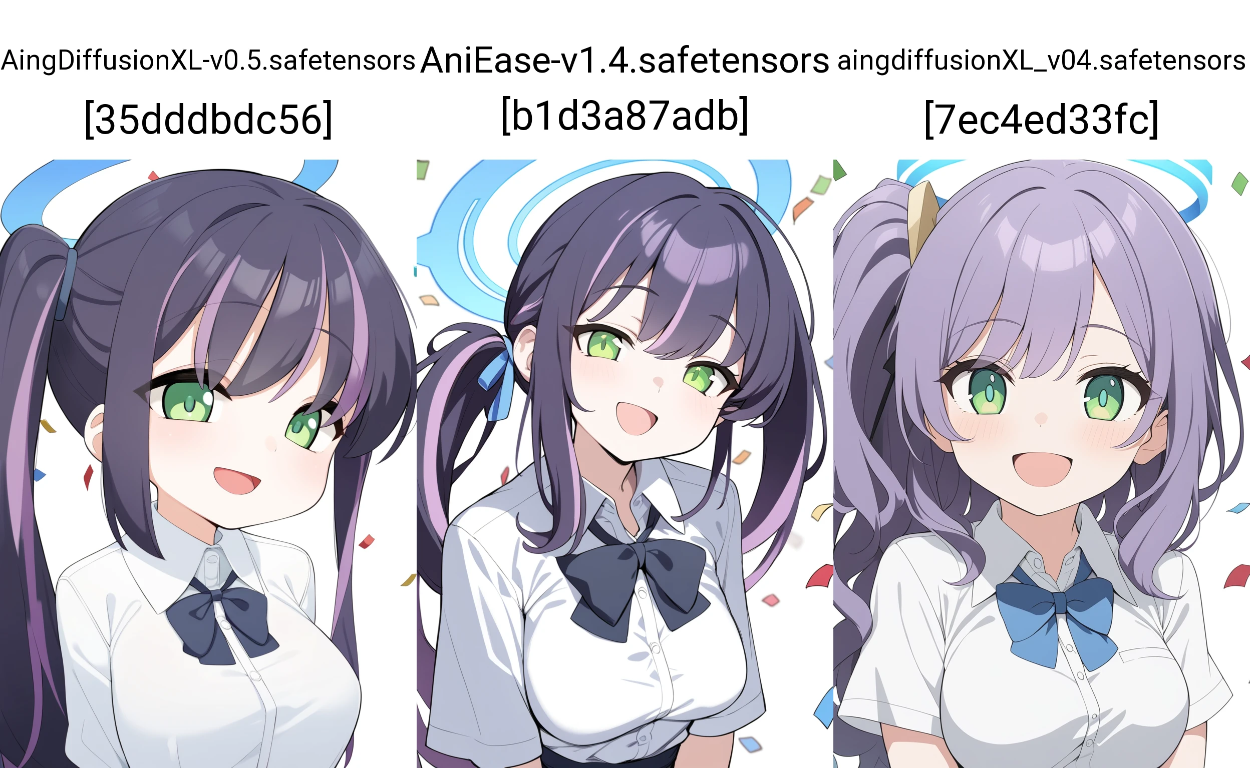 1girl, blue archive, solo, shortstack,
long hair, wavy hair, purple hair, streaked hair, green eyes, side ponytail, medium breasts, white shirt, collared shirt, bowtie, smile, open mouth, halo,
confetti, white background, simple background, anime coloring,
very aesthetic, masterpiece, best quality,