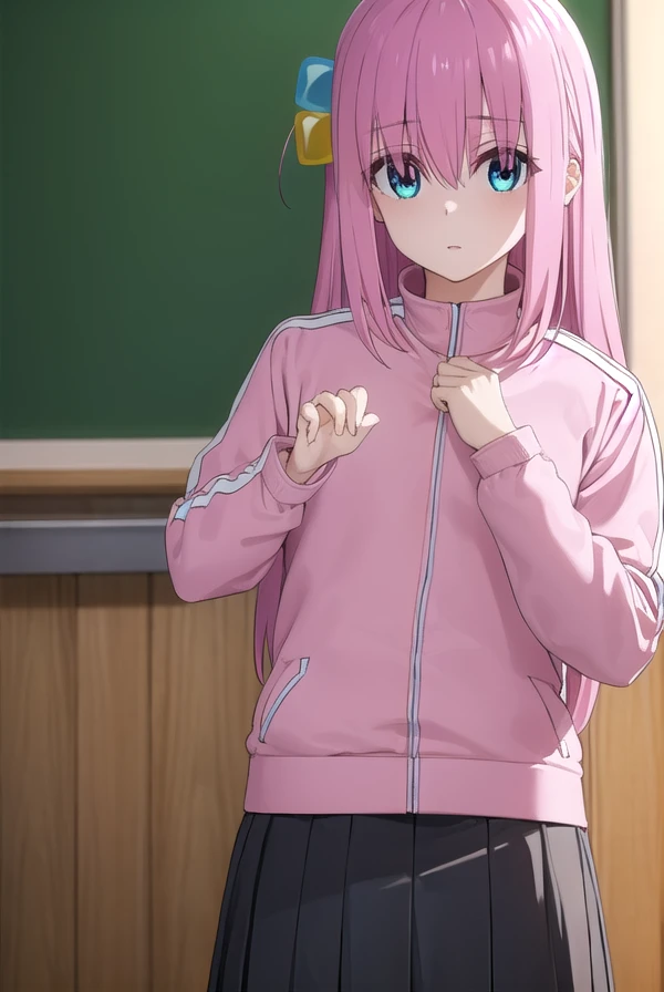 hitorigotou, <lora:hitori gotou s1-lora-nochekaiser:1>,
hitori gotou, blue eyes, cube hair ornament, hair between eyes, hair ornament, pink hair, (one side up:1.2), long hair,
BREAK black skirt, jacket, long sleeves, pants, pants under skirt, (pink jacket:1.5), pink pants, pleated skirt, skirt, track jacket, track pants, track suit,
BREAK indoors, classroom,
BREAK looking at viewer, (cowboy shot:1.5),
BREAK <lyco:GoodHands-beta2:1>, (masterpiece:1.2), best quality, high resolution, unity 8k wallpaper, (illustration:0.8), (beautiful detailed eyes:1.6), extremely detailed face, perfect lighting, extremely detailed CG, (perfect hands, perfect anatomy),