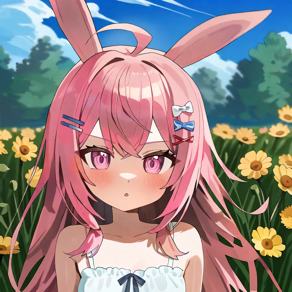 by hoodxart, 2D anime, pipkin pippa, 1girl, solo, animal  ears, pink eyes, pink hair, long hair, blush, bangs, ahoge, hairclips, hair ornament, braid, (small breasts, flat chest:1.5), white sundress, looking away from viewer, 
standing, upper body, in a field of flowers, sunny day, 
 <lora:pipkin_pippa_XL:1>