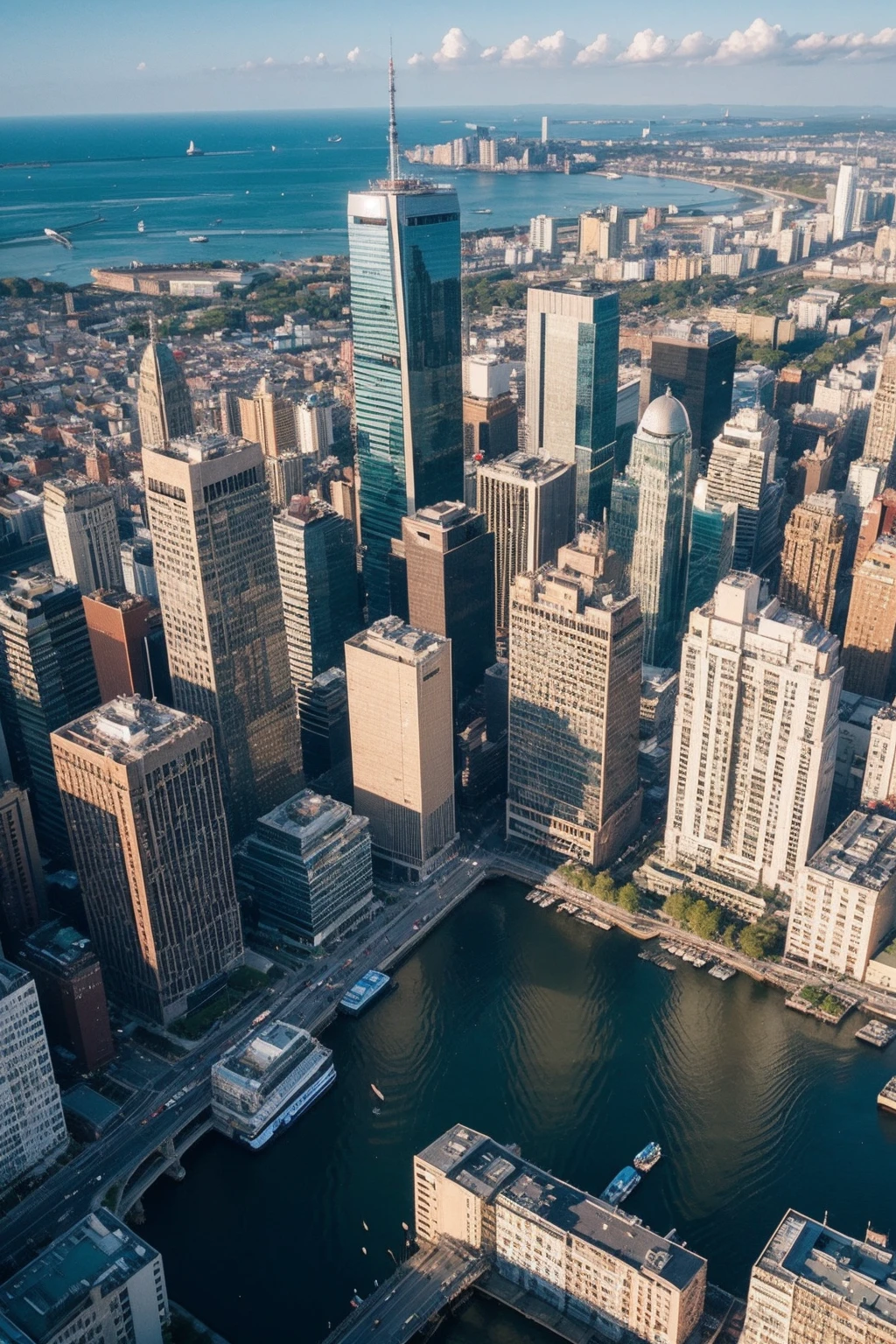 noon sunlight, cityscape, sunset, bird's-eye view.