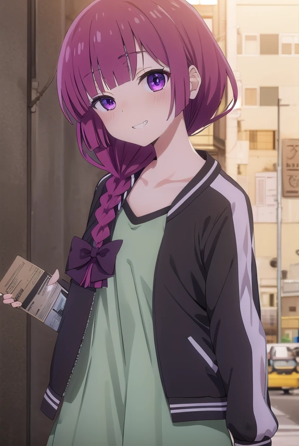hiroikikuri, <lora:kikuri hiroi s1-lora-nochekaiser:1>,
kikuri hiroi, black bow, blunt bangs, braid, closed eyes, (purple eyes:1.1), fang, hair bow, hair over shoulder, long hair, purple hair, sidelocks, single braid, smile, grin, fangs, teeth,
BREAK black jacket, brown footwear, collarbone, dress, green dress, jacket, long sleeves, open clothes, open jacket, raglan sleeves, sandals, white sleeves,
BREAK outdoors, city, crowd, people,
BREAK looking at viewer, (cowboy shot:1.5),
BREAK <lyco:GoodHands-beta2:1>, (masterpiece:1.2), best quality, high resolution, unity 8k wallpaper, (illustration:0.8), (beautiful detailed eyes:1.6), extremely detailed face, perfect lighting, extremely detailed CG, (perfect hands, perfect anatomy),